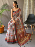 Bewitching Light Grey Kalamkari Print Cotton Traditional Saree - Zeel Clothing