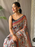 Bewitching Light Grey Kalamkari Print Cotton Traditional Saree - Zeel Clothing