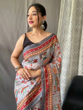 Bewitching Light Grey Kalamkari Print Cotton Traditional Saree - Zeel Clothing