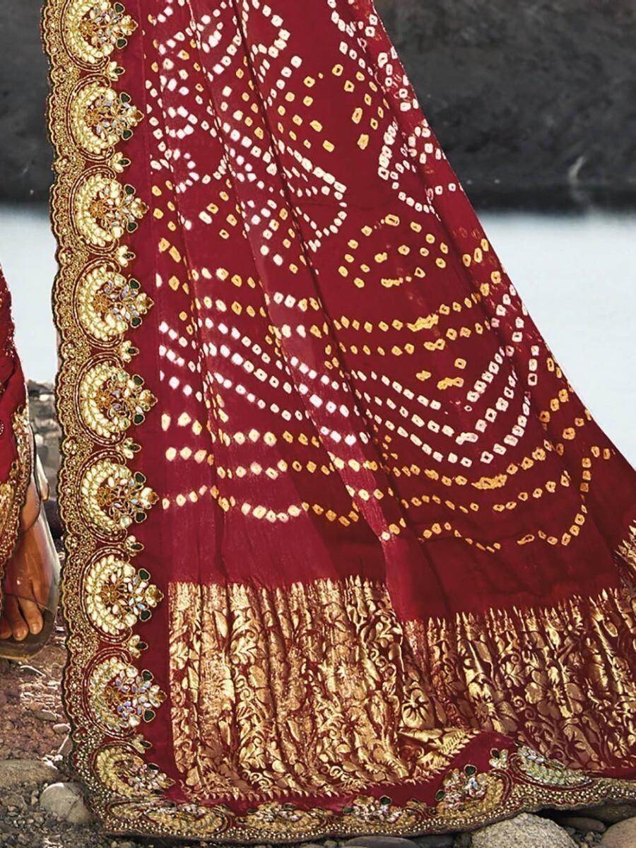 Bewitching Maroon Bandhani Printed Satin Saree With Blouse - Zeel Clothing