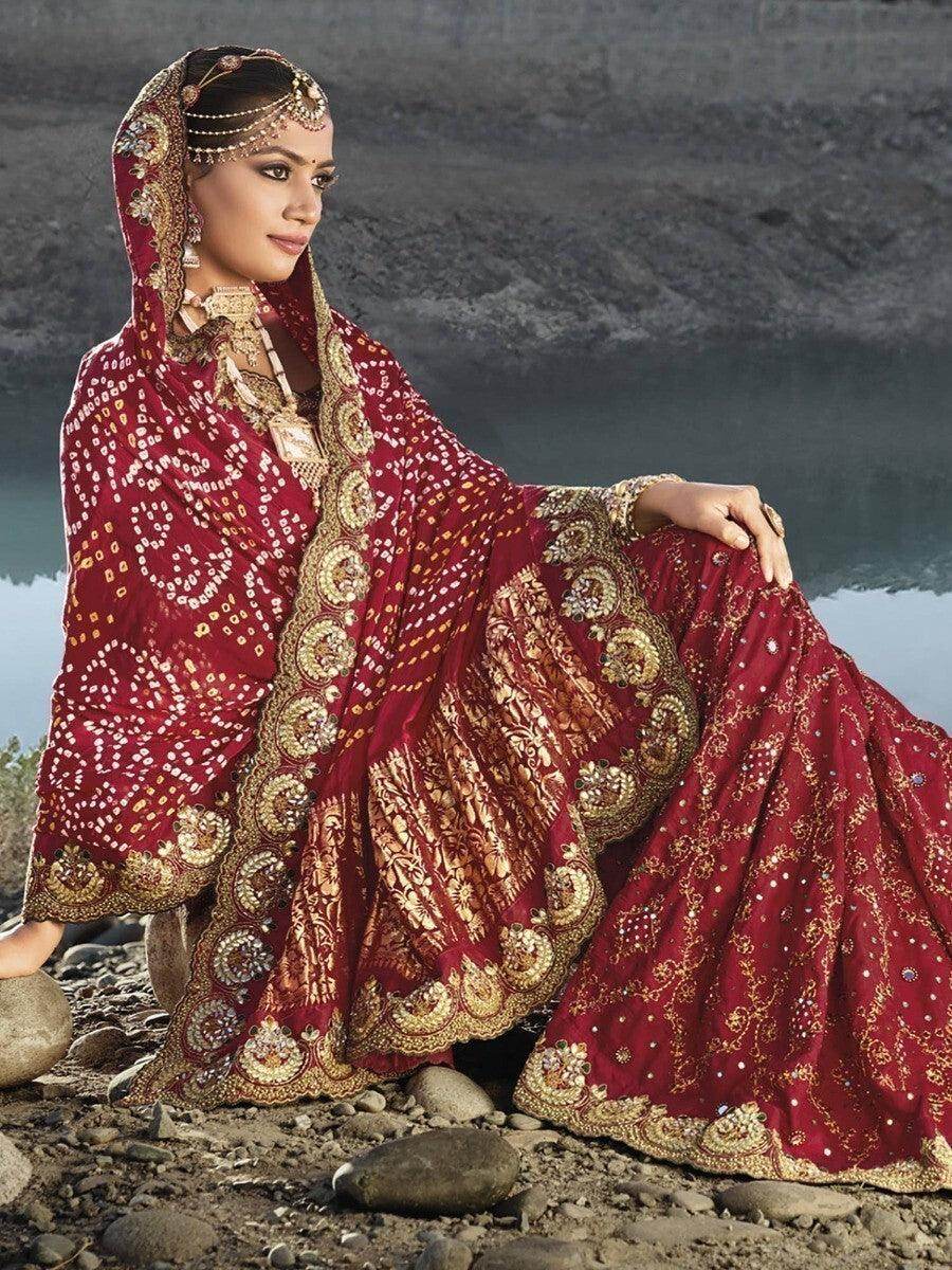 Bewitching Maroon Bandhani Printed Satin Saree With Blouse - Zeel Clothing