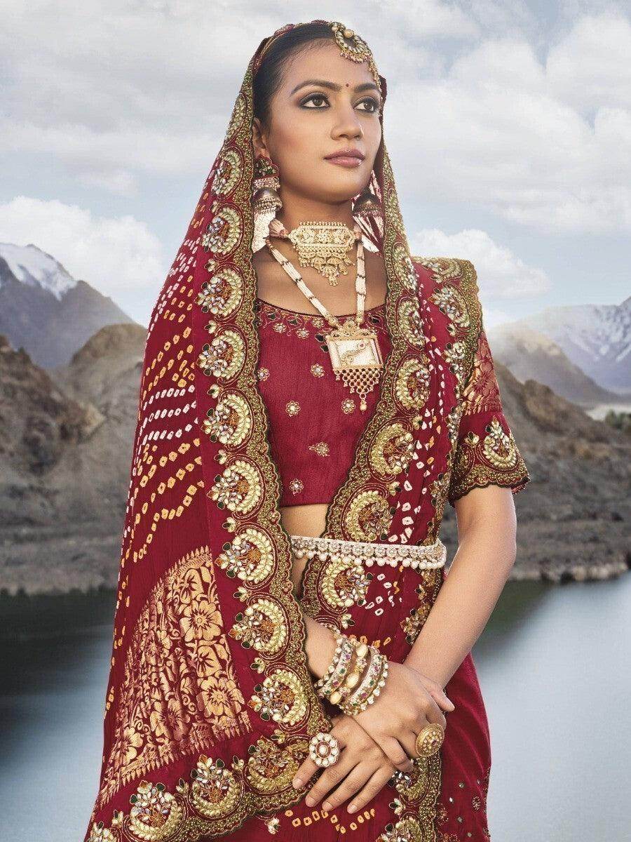 Bewitching Maroon Bandhani Printed Satin Saree With Blouse - Zeel Clothing