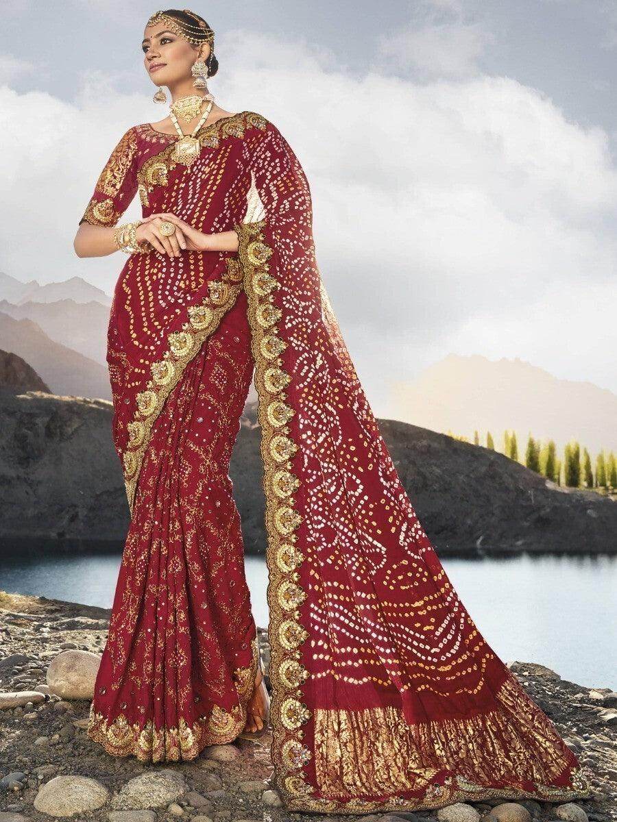 Bewitching Maroon Bandhani Printed Satin Saree With Blouse - Zeel Clothing