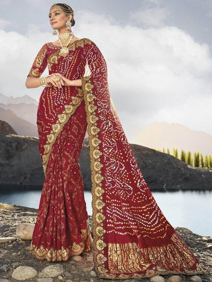 Bewitching Maroon Bandhani Printed Satin Saree With Blouse - Zeel Clothing