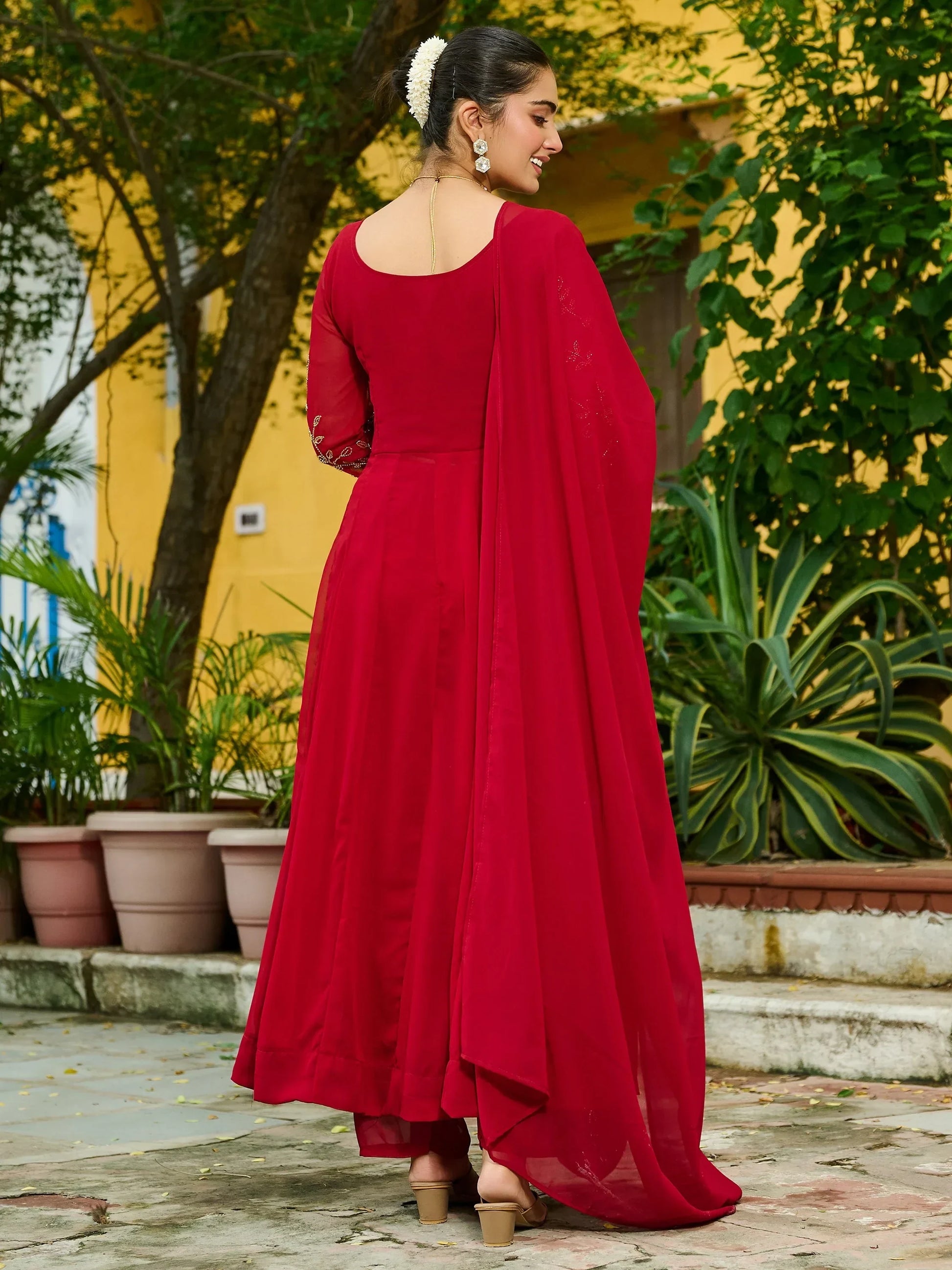 Bewitching Maroon Bead Work Georgette Wedding Wear Pant Suit With Dupatta
