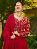 Bewitching Maroon Bead Work Georgette Wedding Wear Pant Suit With Dupatta