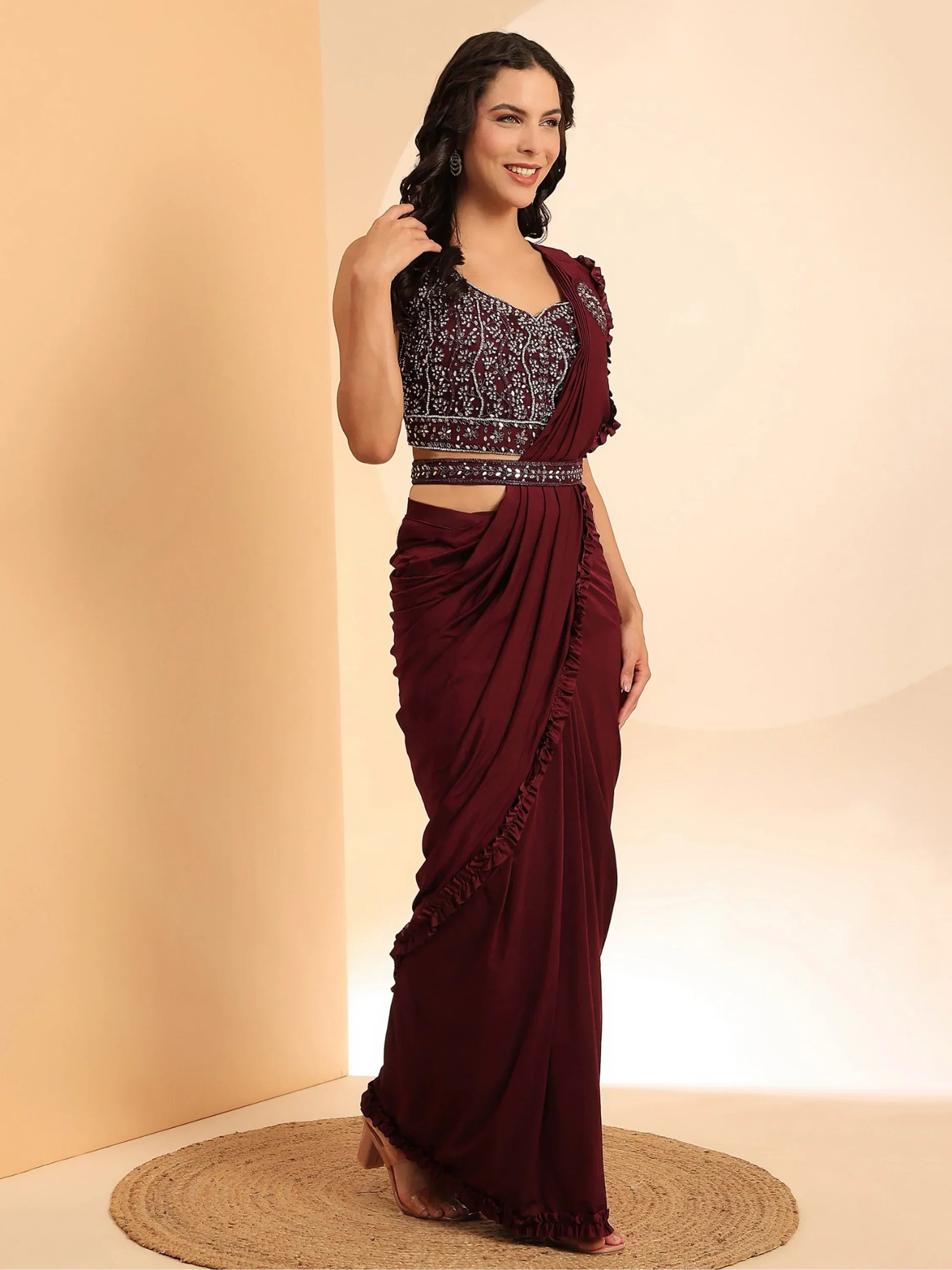 Bewitching Maroon Lycra Ready To Wear Saree With Mirror Work Blouse - Zeel Clothing