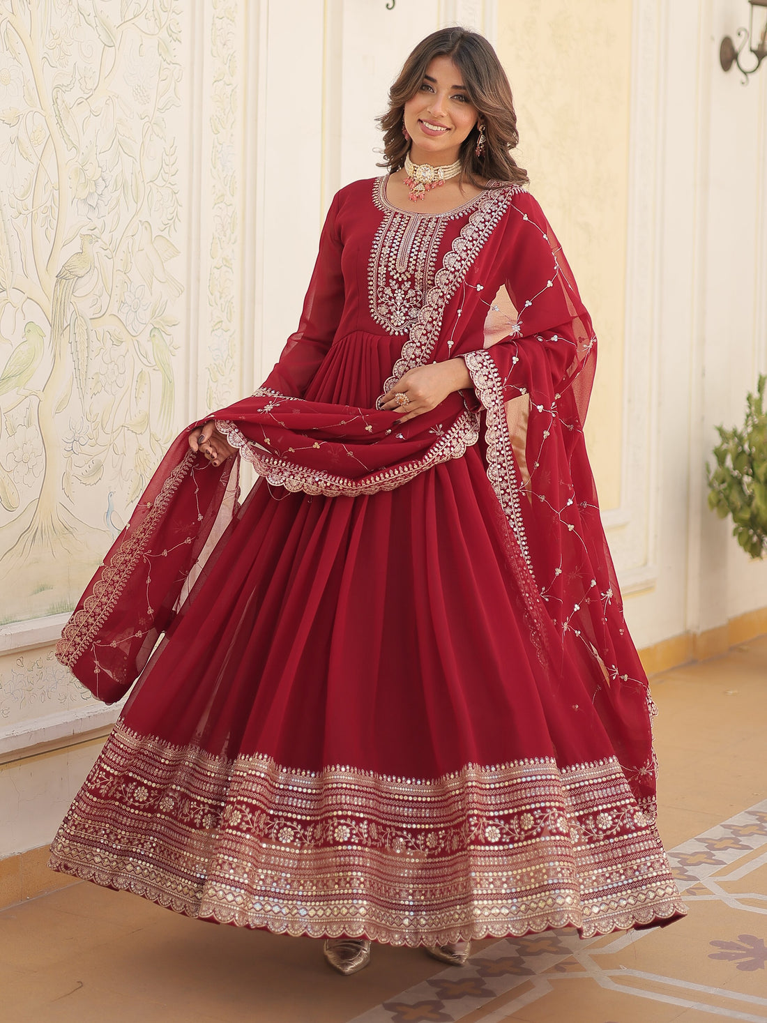 Bewitching Maroon Sequins Georgette Festival Wear Gown With Dupatta - Zeel Clothing