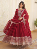 Bewitching Maroon Sequins Georgette Festival Wear Gown With Dupatta - Zeel Clothing
