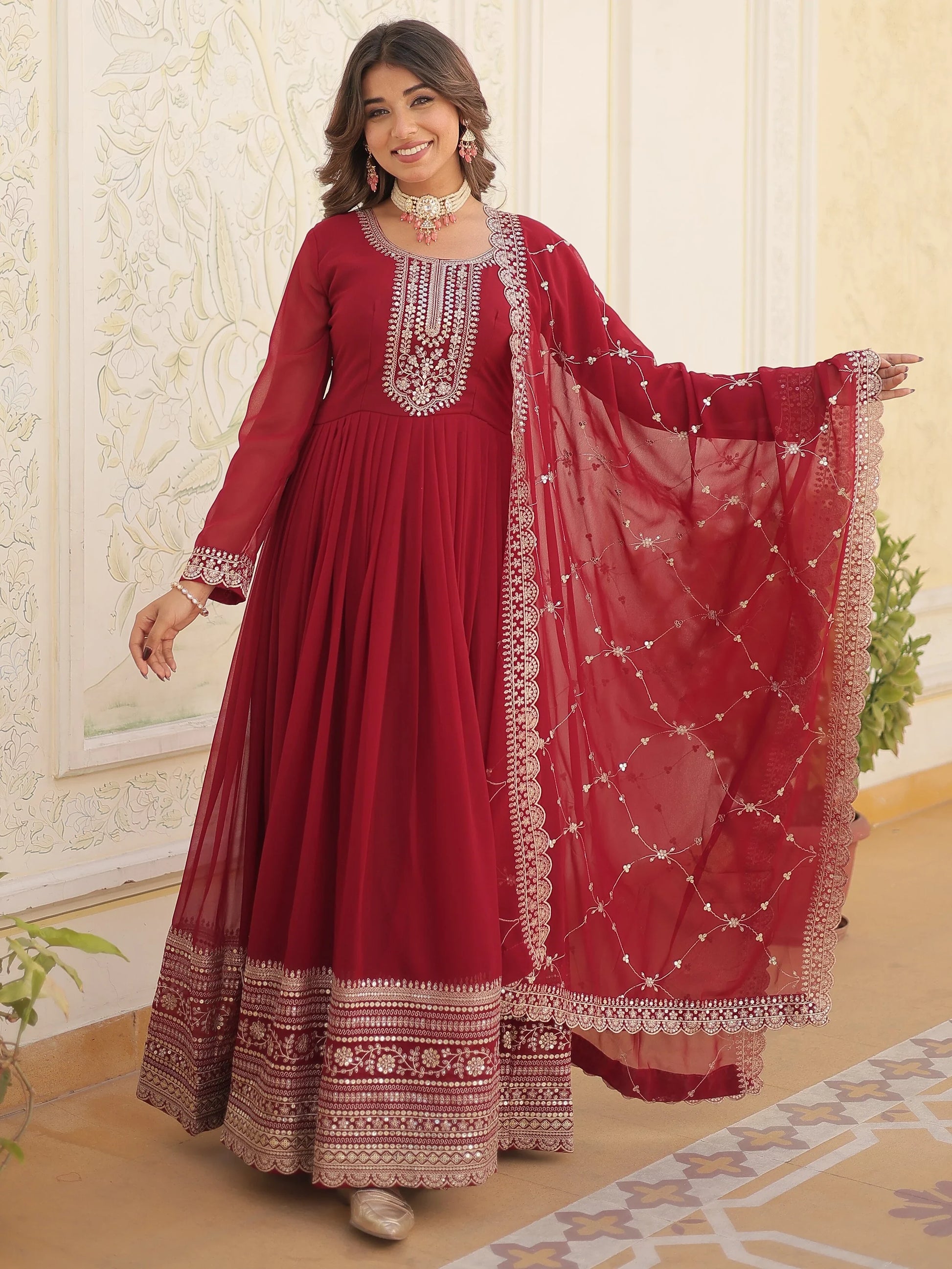 Bewitching Maroon Sequins Georgette Festival Wear Gown With Dupatta - Zeel Clothing