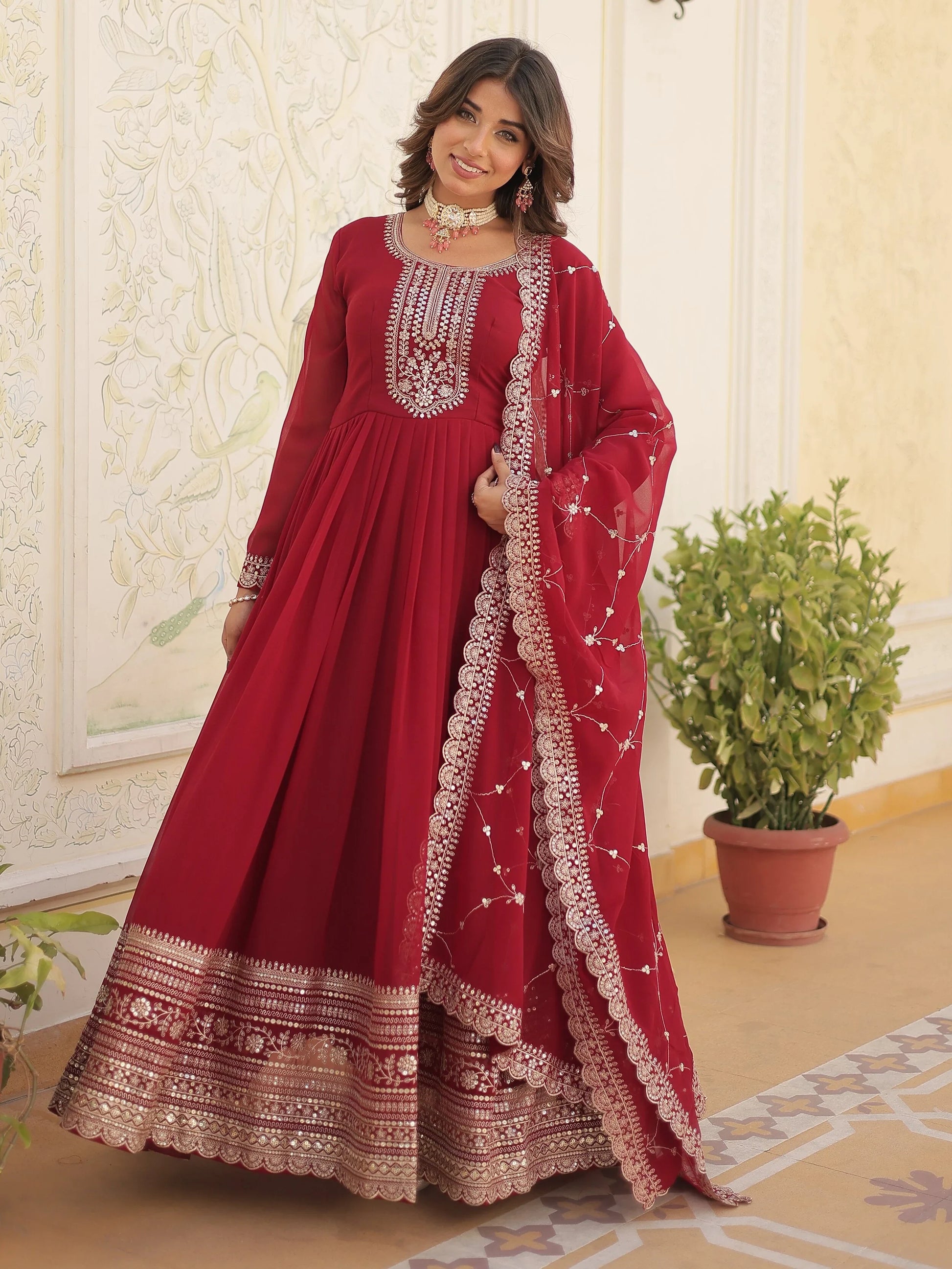 Bewitching Maroon Sequins Georgette Festival Wear Gown With Dupatta - Zeel Clothing