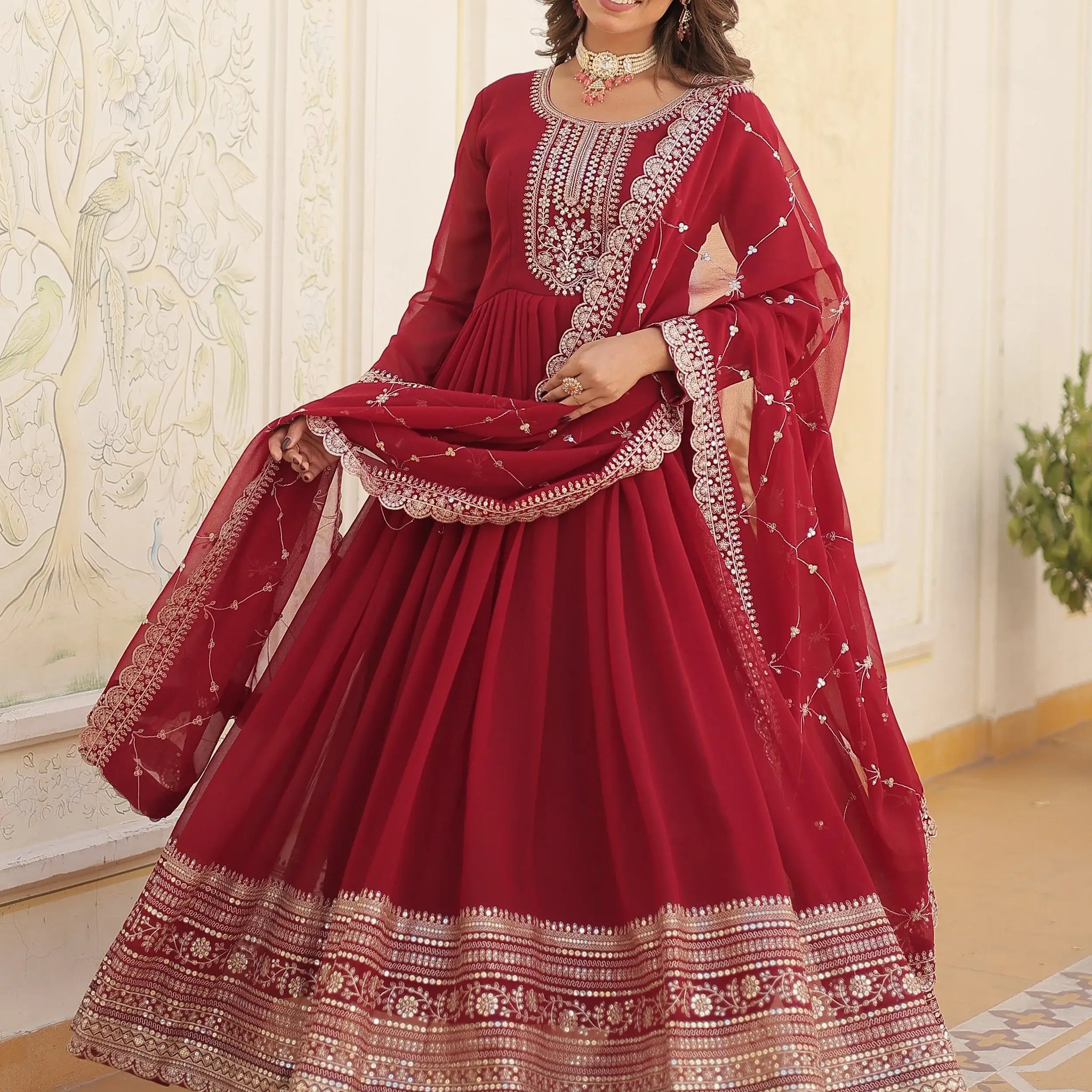 Bewitching Maroon Sequins Georgette Festival Wear Gown With Dupatta - Zeel Clothing