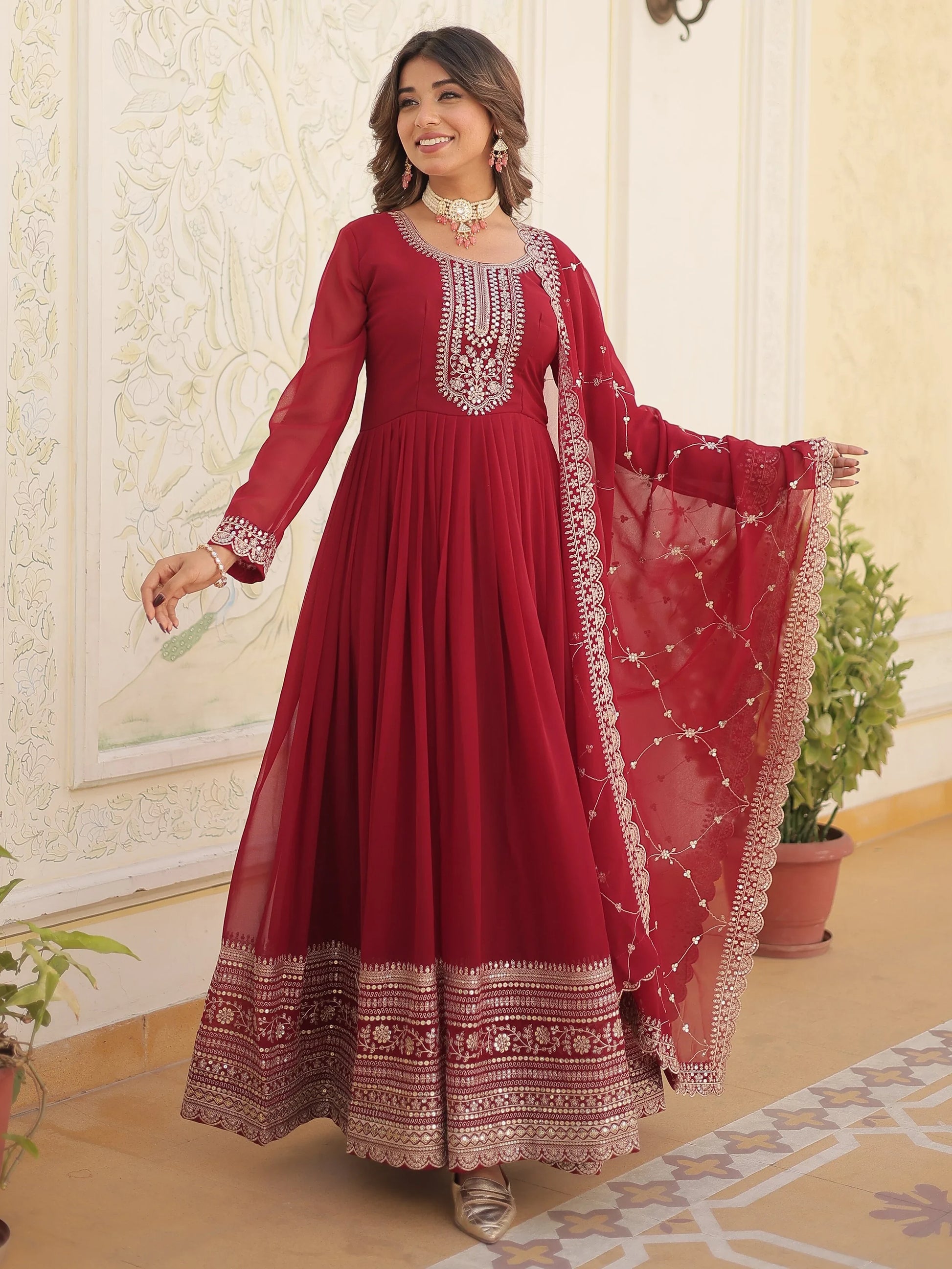 Bewitching Maroon Sequins Georgette Festival Wear Gown With Dupatta - Zeel Clothing