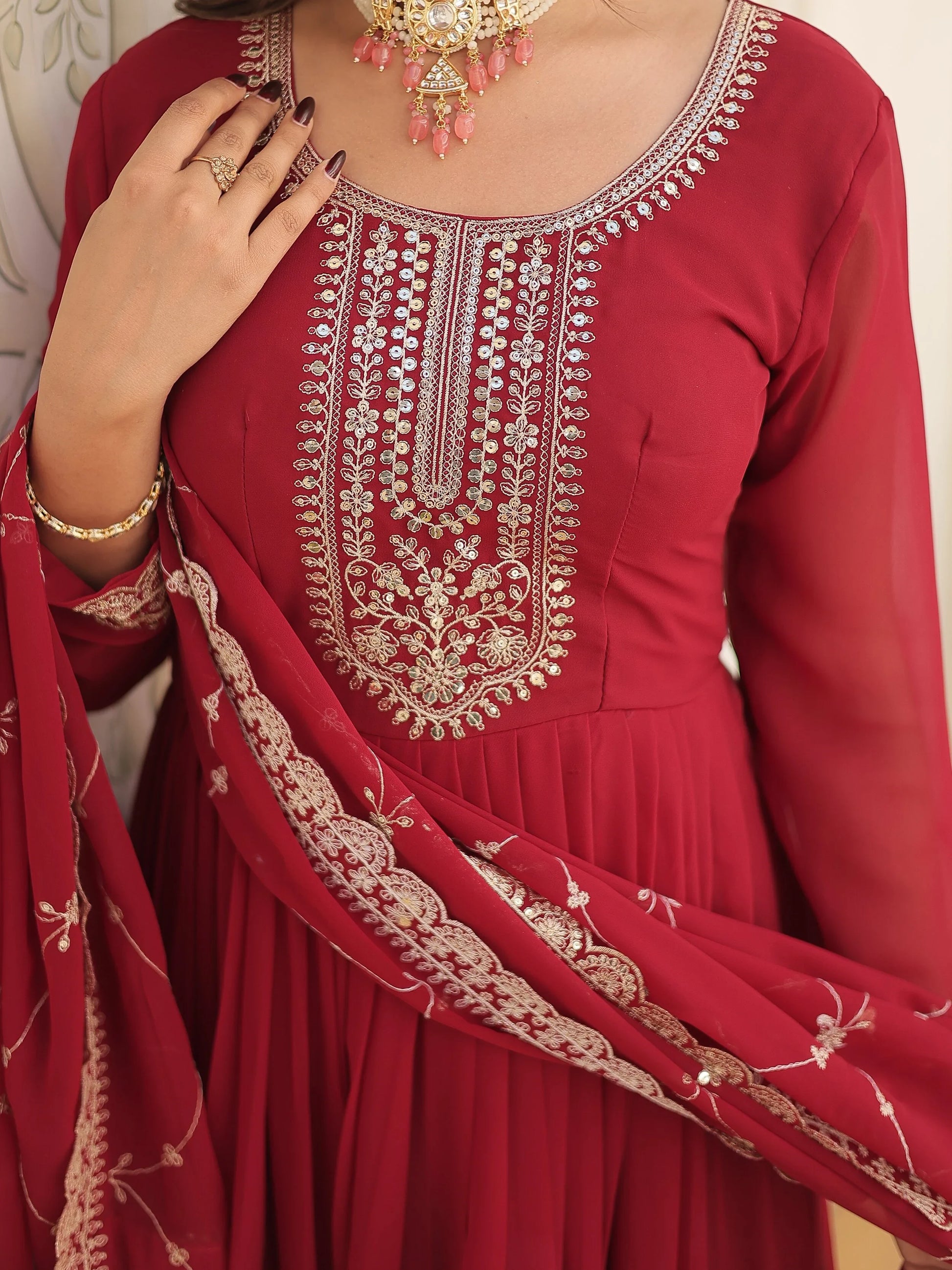 Bewitching Maroon Sequins Georgette Festival Wear Gown With Dupatta - Zeel Clothing