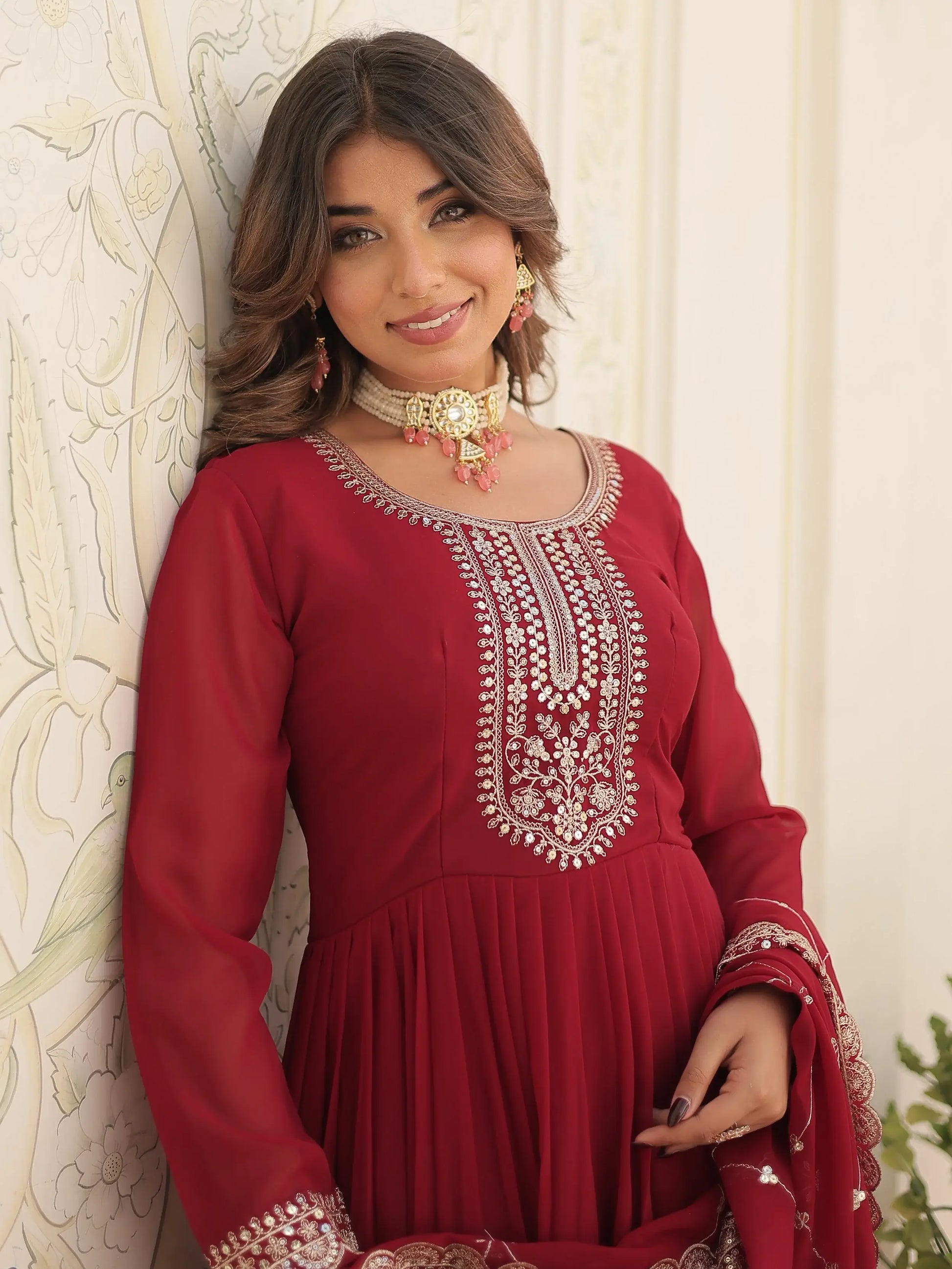 Bewitching Maroon Sequins Georgette Festival Wear Gown With Dupatta - Zeel Clothing