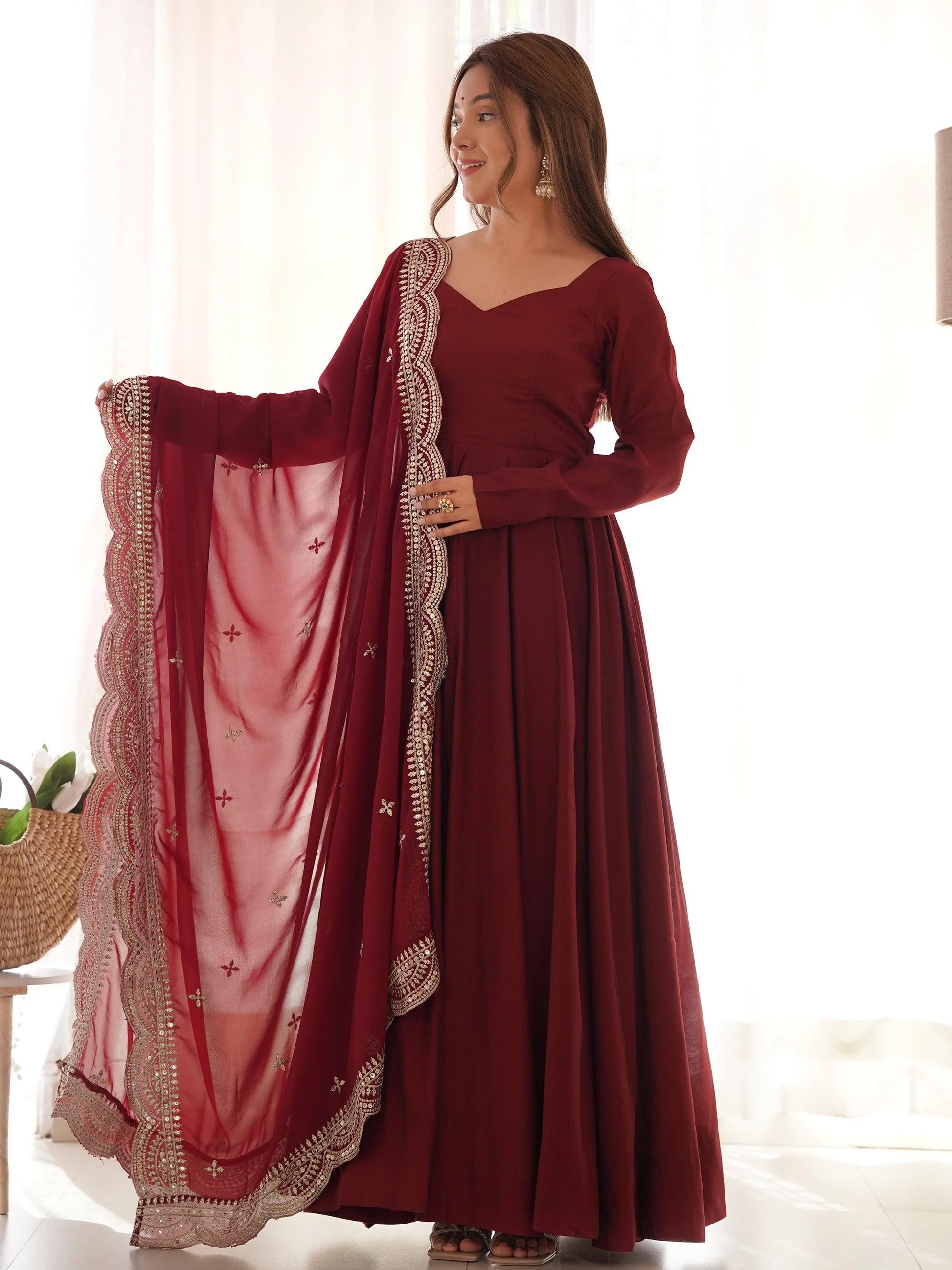 Bewitching Maroon Silk Traditional Anarkali Suit With Dupatta