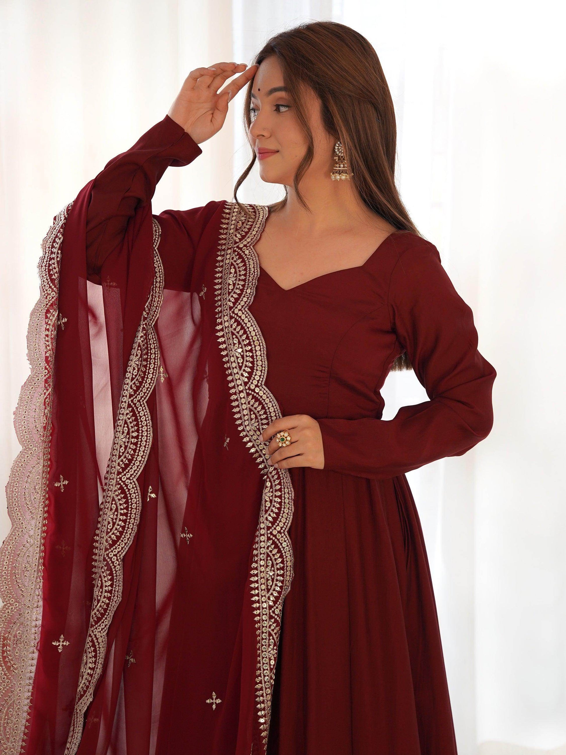 Bewitching Maroon Silk Traditional Anarkali Suit With Dupatta - Zeel Clothing