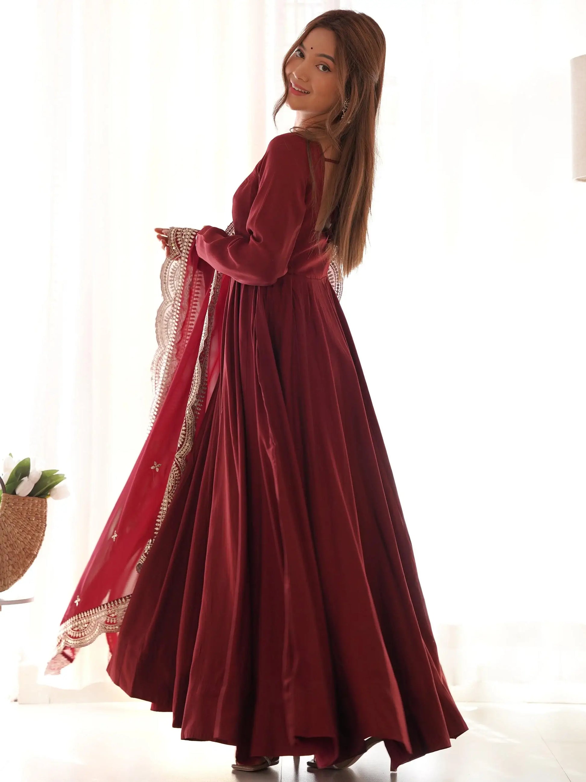 Bewitching Maroon Silk Traditional Anarkali Suit With Dupatta - Zeel Clothing