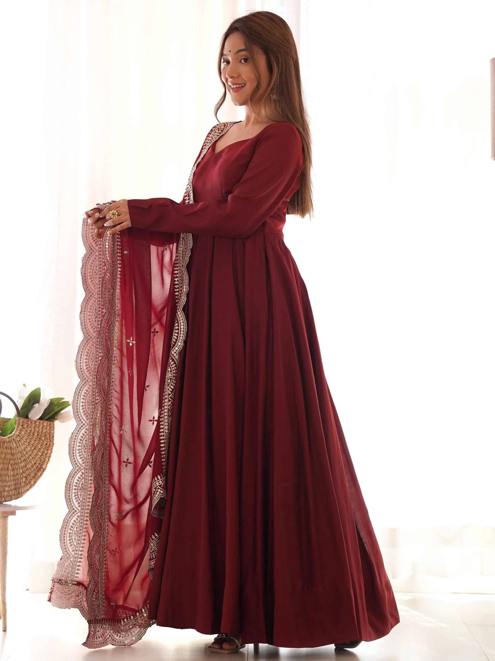Bewitching Maroon Silk Traditional Anarkali Suit With Dupatta
