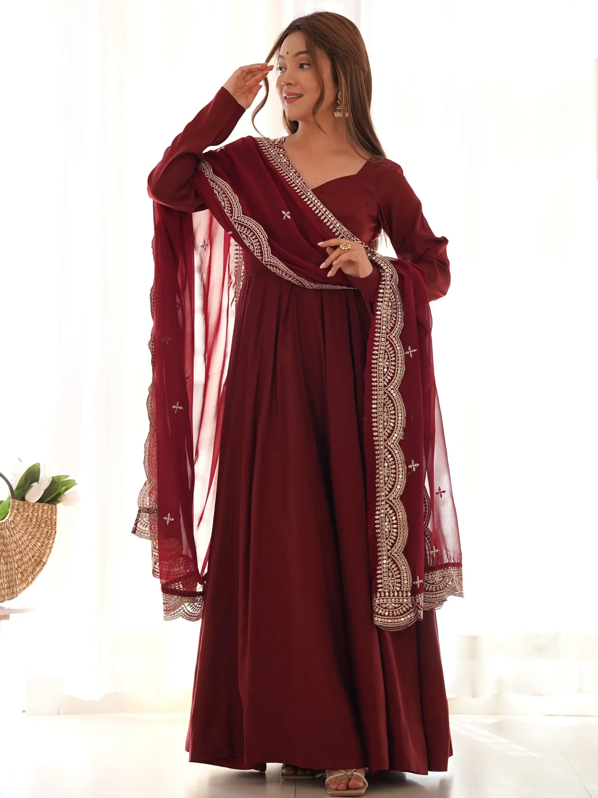 Bewitching Maroon Silk Traditional Anarkali Suit With Dupatta - Zeel Clothing