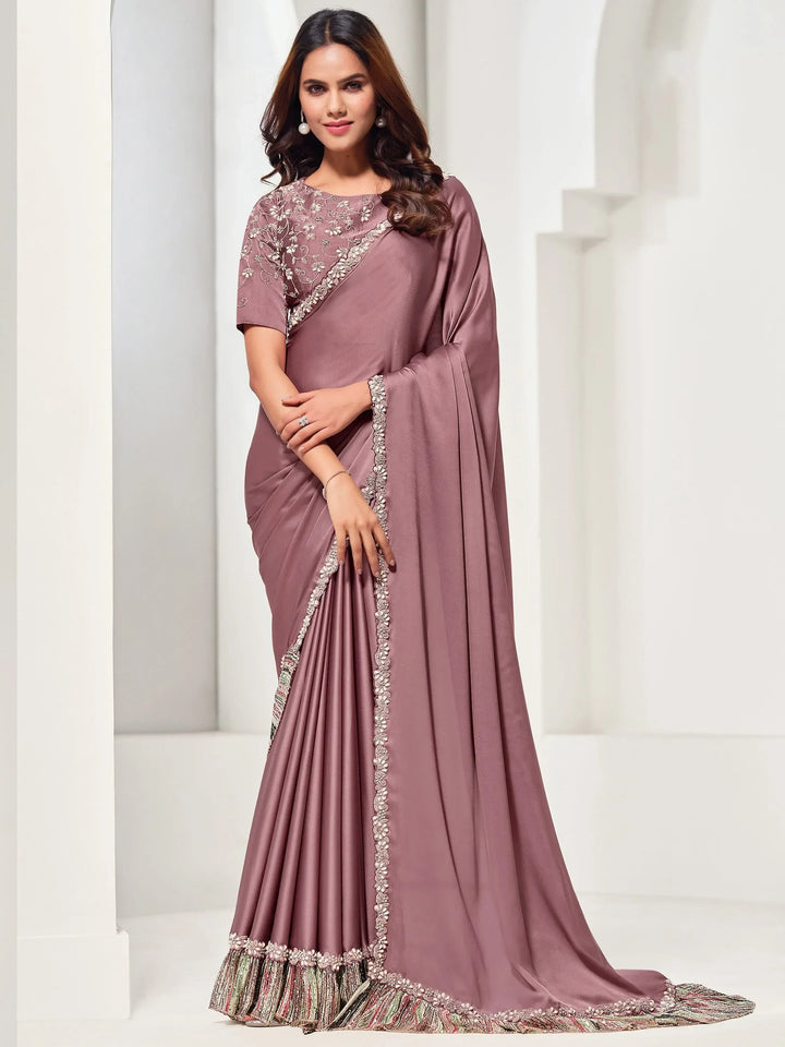 Bewitching Mauve Lace Work Satin Silk Party Wear Saree With Blouse - Zeel Clothing