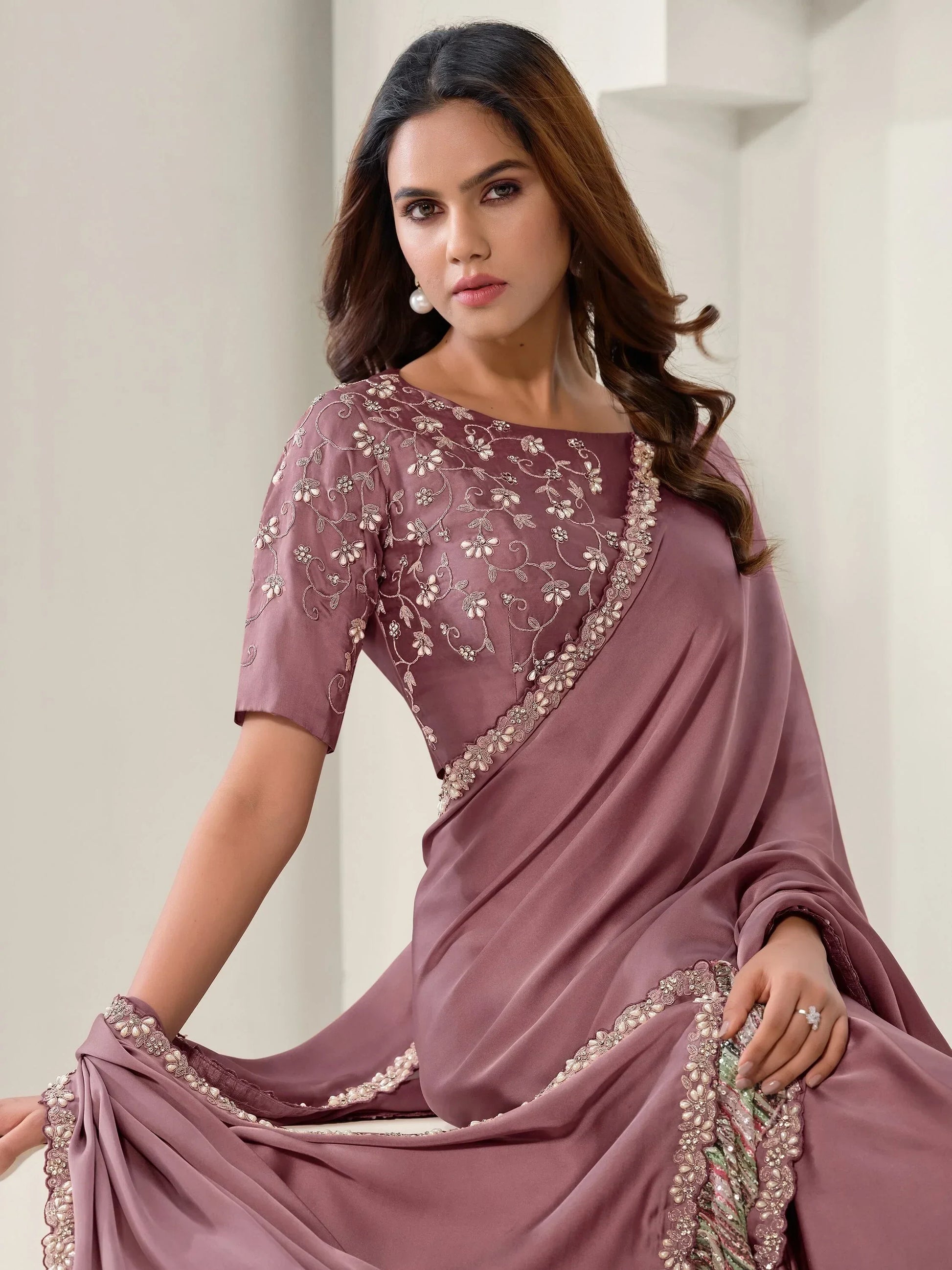 Bewitching Mauve Lace Work Satin Silk Party Wear Saree With Blouse - Zeel Clothing