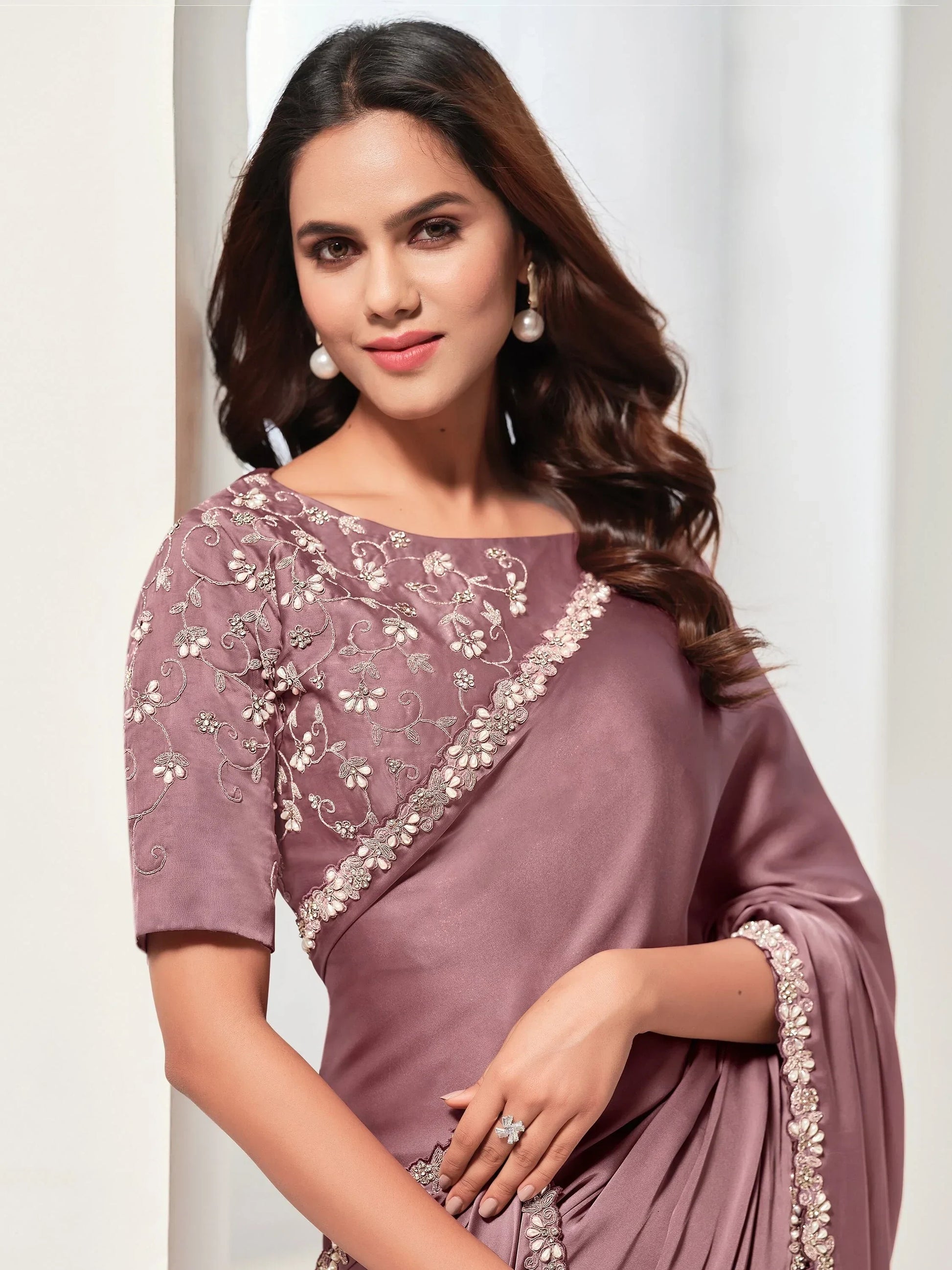 Bewitching Mauve Lace Work Satin Silk Party Wear Saree With Blouse - Zeel Clothing