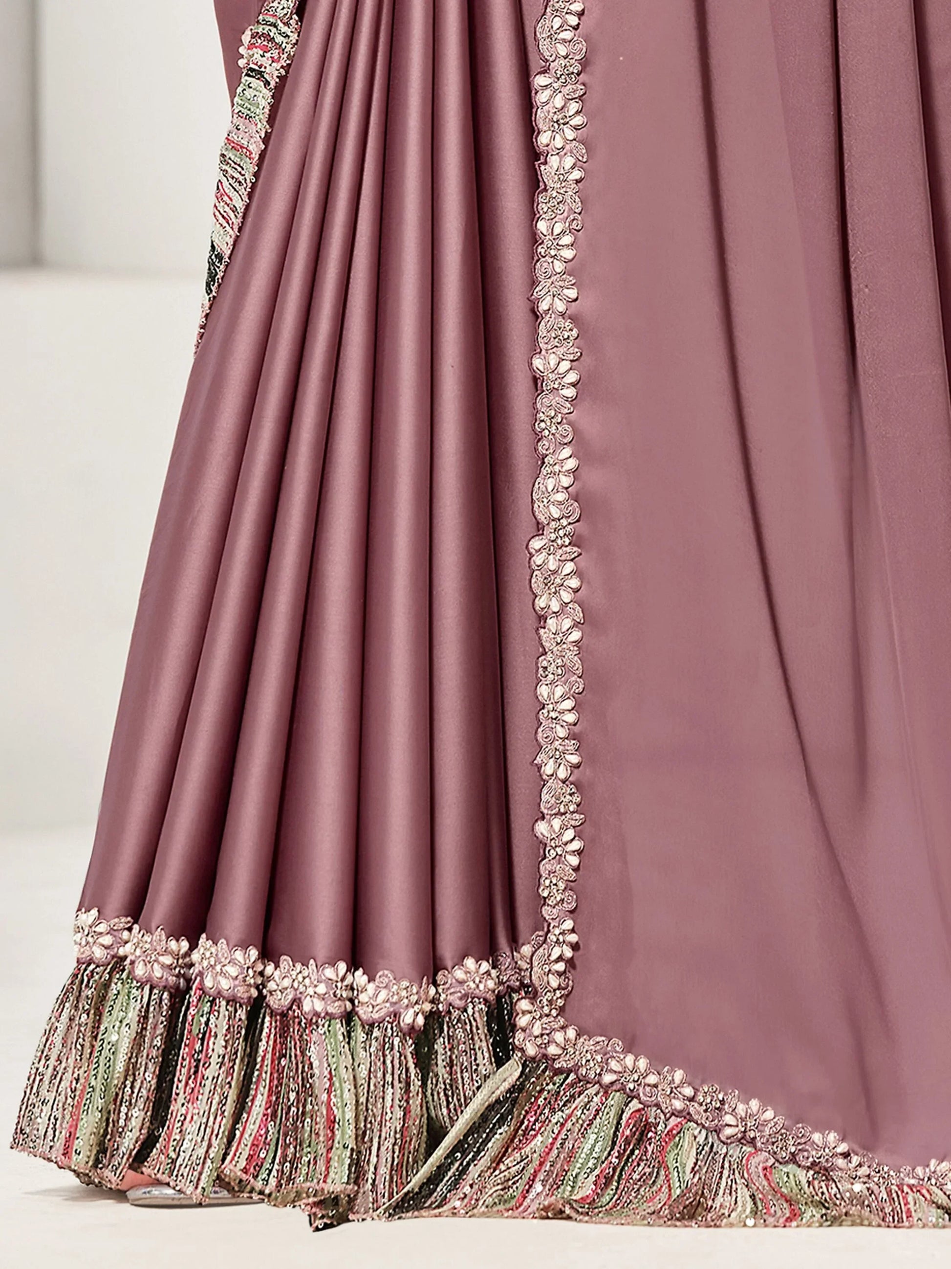 Bewitching Mauve Lace Work Satin Silk Party Wear Saree With Blouse - Zeel Clothing