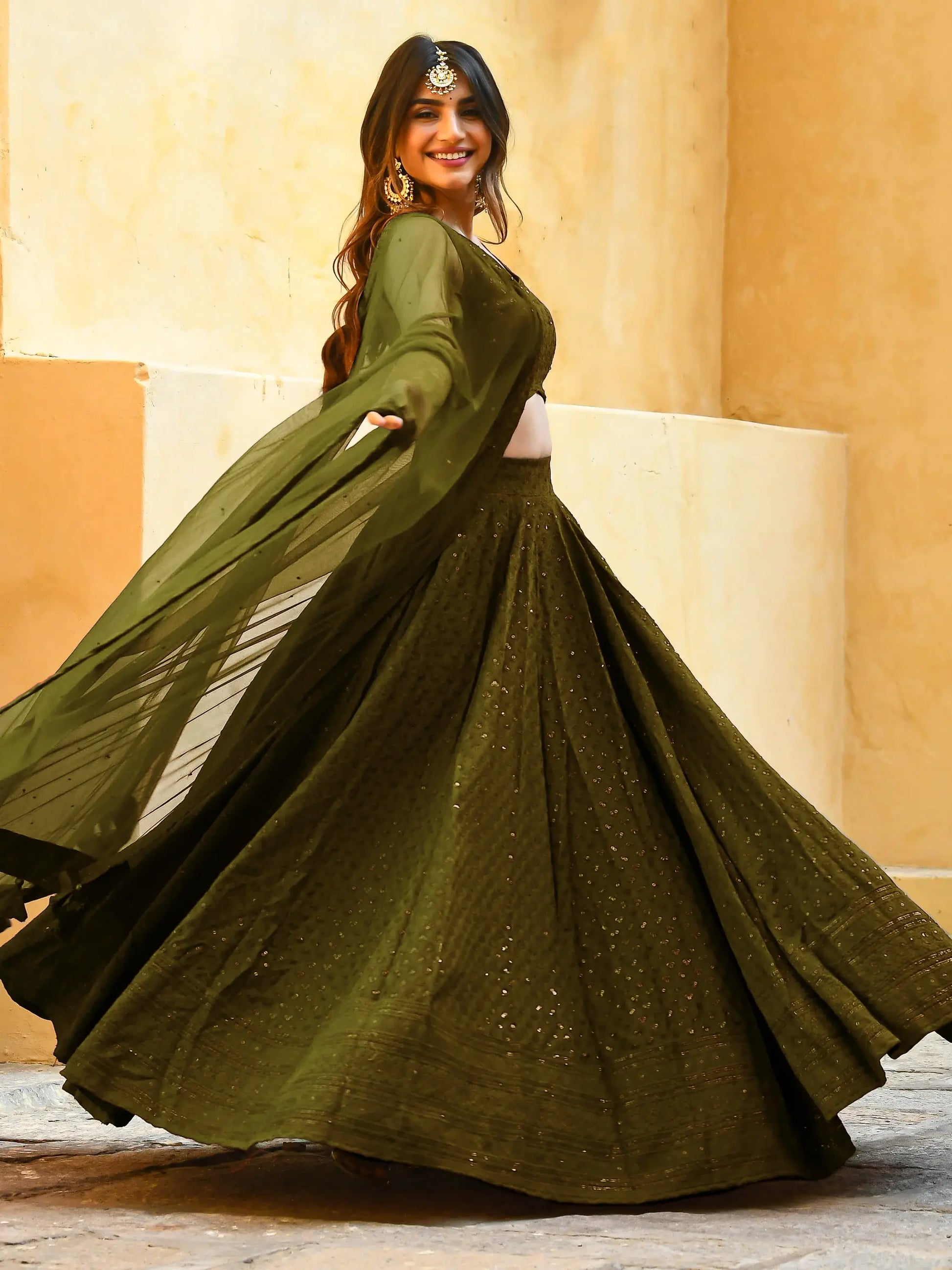 Bewitching Mehendi Green Sequins Georgette Lehenga Choli With Net Dupatta - Zeel Clothing