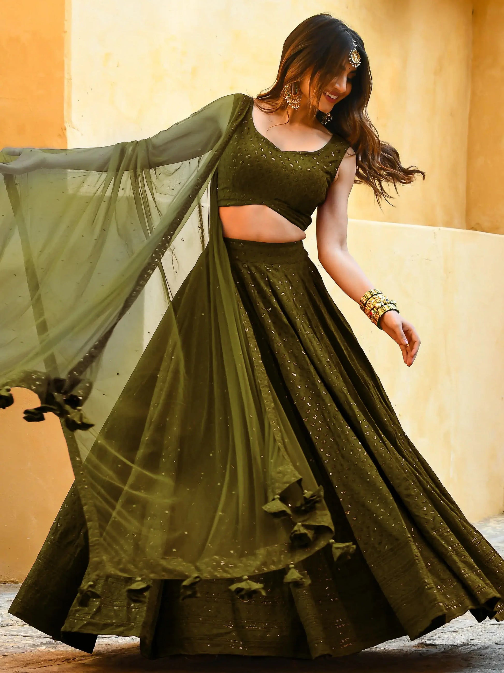 Bewitching Mehendi Green Sequins Georgette Lehenga Choli With Net Dupatta - Zeel Clothing