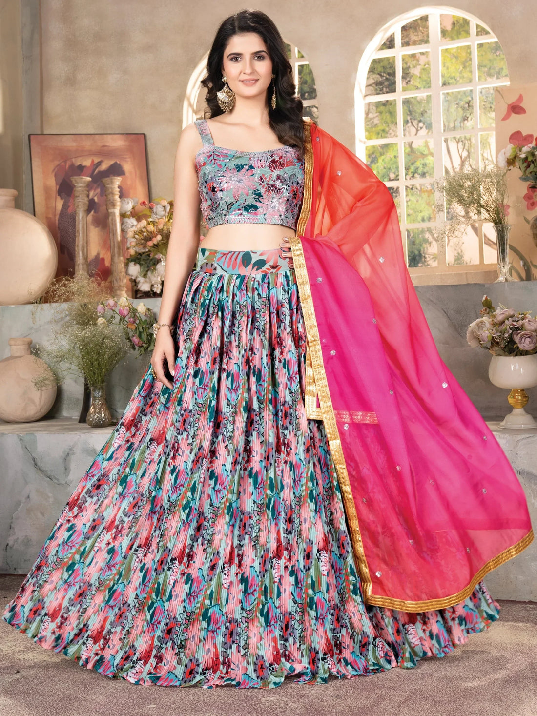 Bewitching Multicolor Floral Printed Organza Crush Lehenga Choli - Zeel Clothing