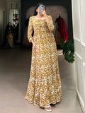 Bewitching Mustard Yellow Digital Printed Georgette Casual Wear Gown - Zeel Clothing