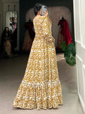Bewitching Mustard Yellow Digital Printed Georgette Casual Wear Gown - Zeel Clothing