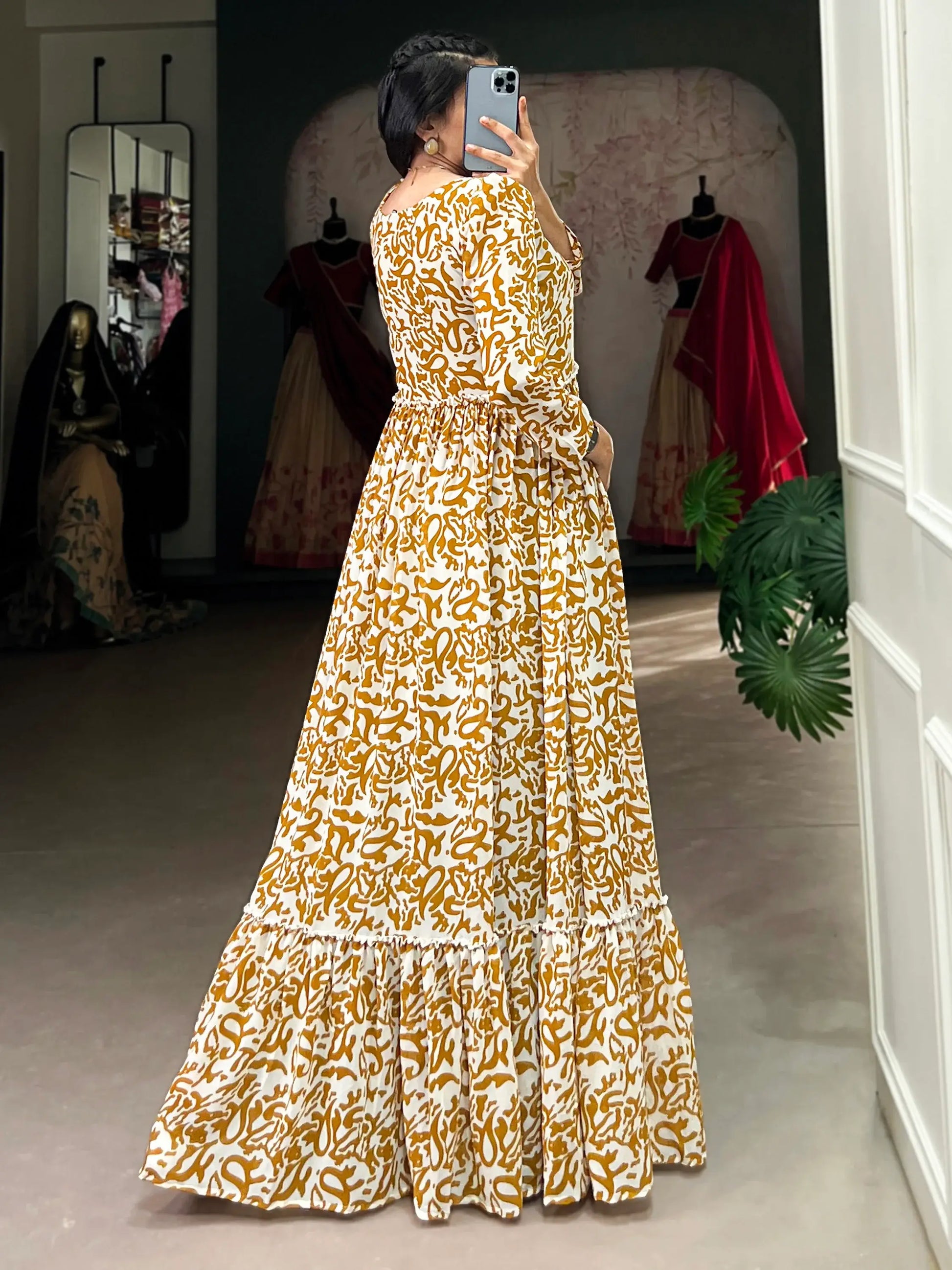 Bewitching Mustard Yellow Digital Printed Georgette Casual Wear Gown - Zeel Clothing
