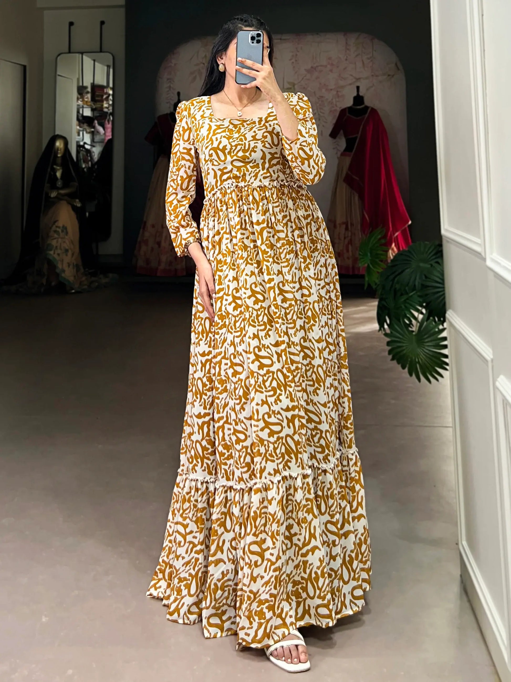 Bewitching Mustard Yellow Digital Printed Georgette Casual Wear Gown - Zeel Clothing