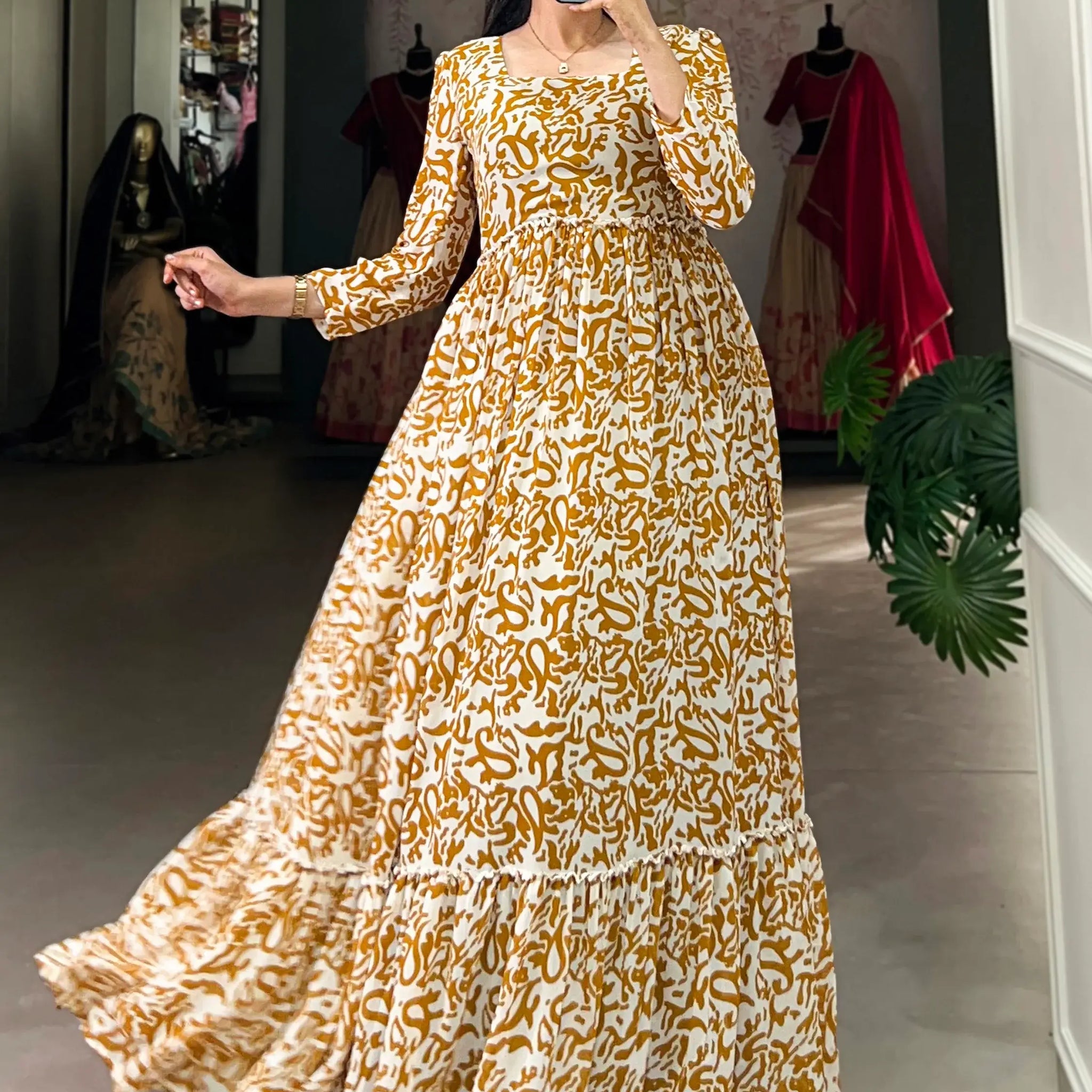 Bewitching Mustard Yellow Digital Printed Georgette Casual Wear Gown - Zeel Clothing