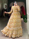Bewitching Mustard Yellow Digital Printed Georgette Casual Wear Gown - Zeel Clothing