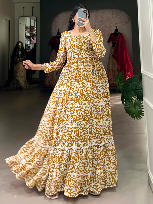 Bewitching Mustard Yellow Digital Printed Georgette Casual Wear Gown - Zeel Clothing