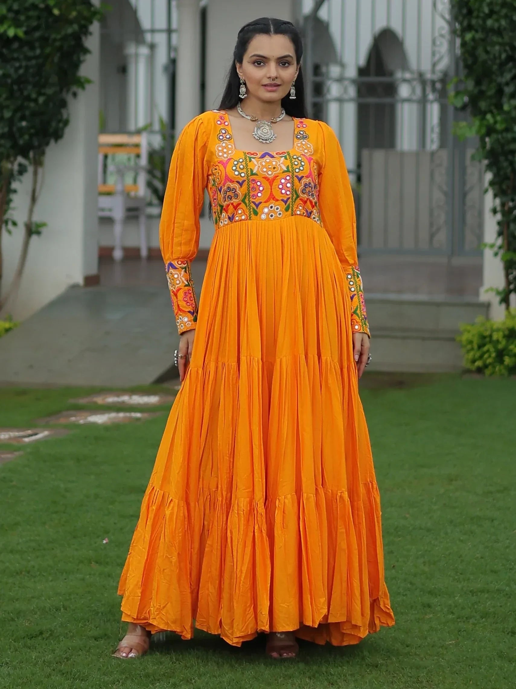 Bewitching Mustard Yellow Gamthi Work Rayon Navratri Wear Gown - Zeel Clothing