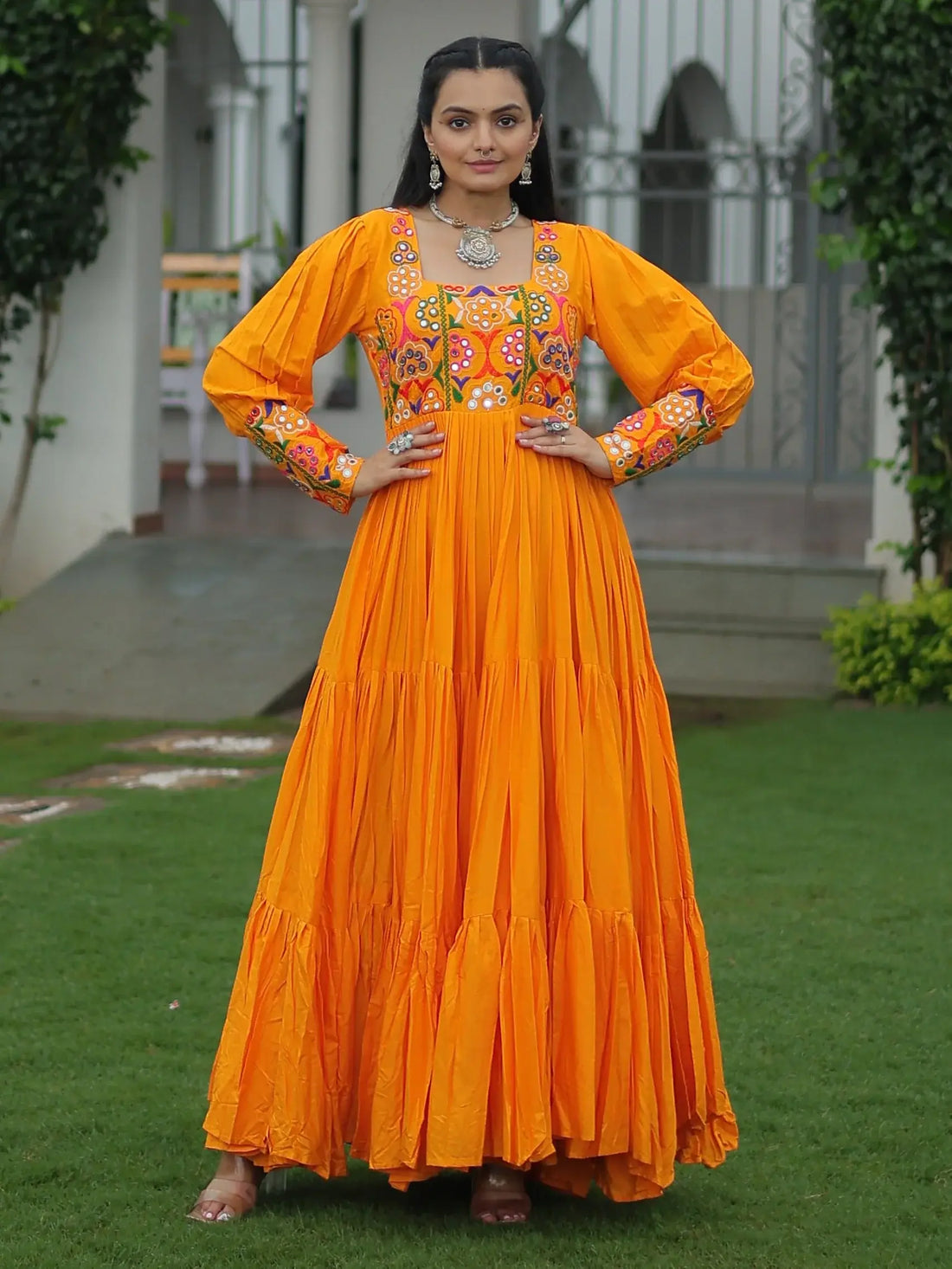Bewitching Mustard Yellow Gamthi Work Rayon Navratri Wear Gown - Zeel Clothing