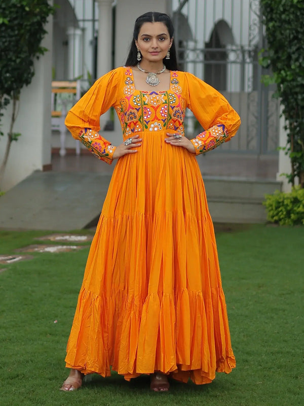 Bewitching Mustard Yellow Gamthi Work Rayon Navratri Wear Gown - Zeel Clothing