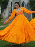 Bewitching Mustard Yellow Gamthi Work Rayon Navratri Wear Gown - Zeel Clothing