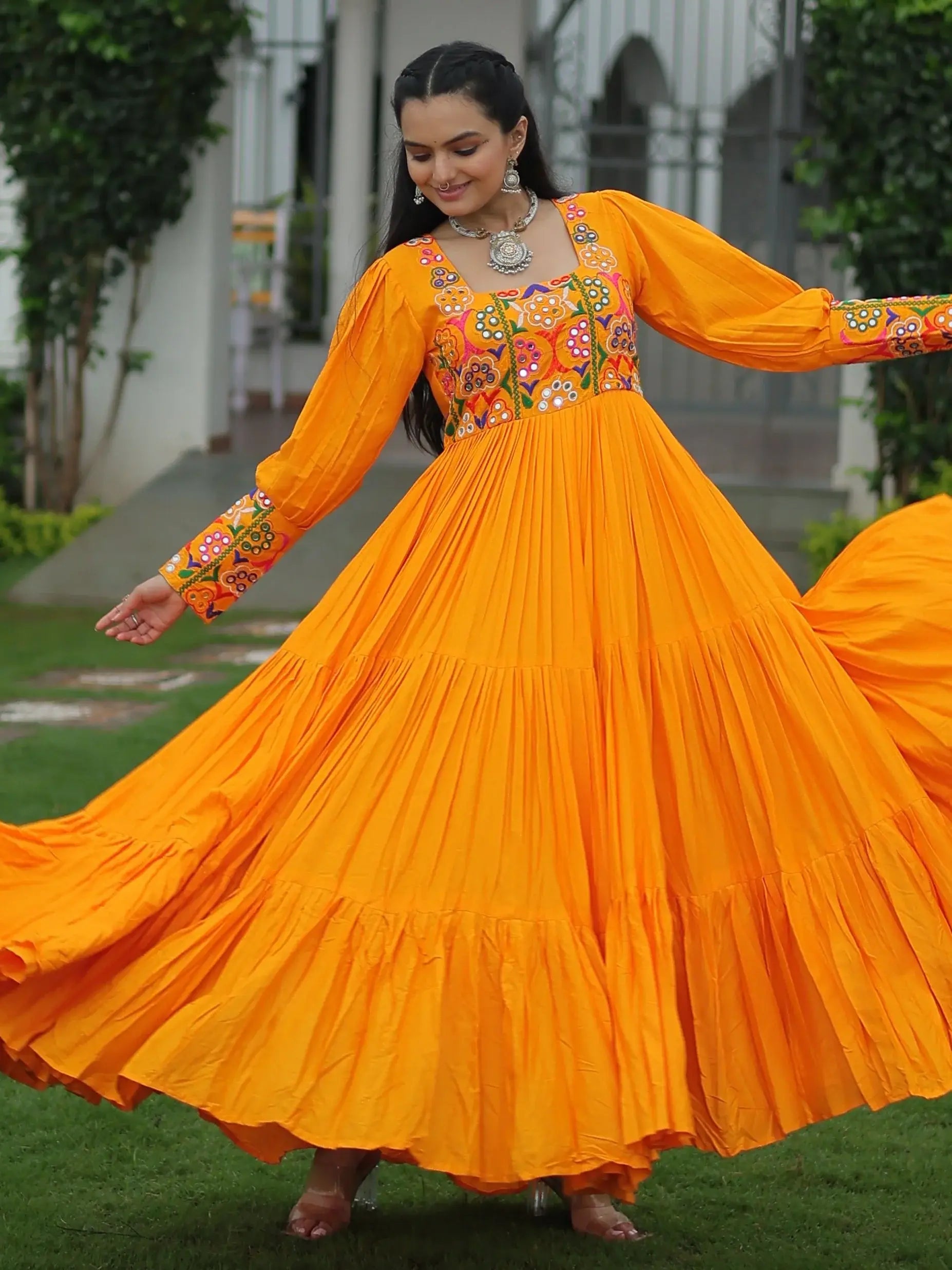 Bewitching Mustard Yellow Gamthi Work Rayon Navratri Wear Gown - Zeel Clothing
