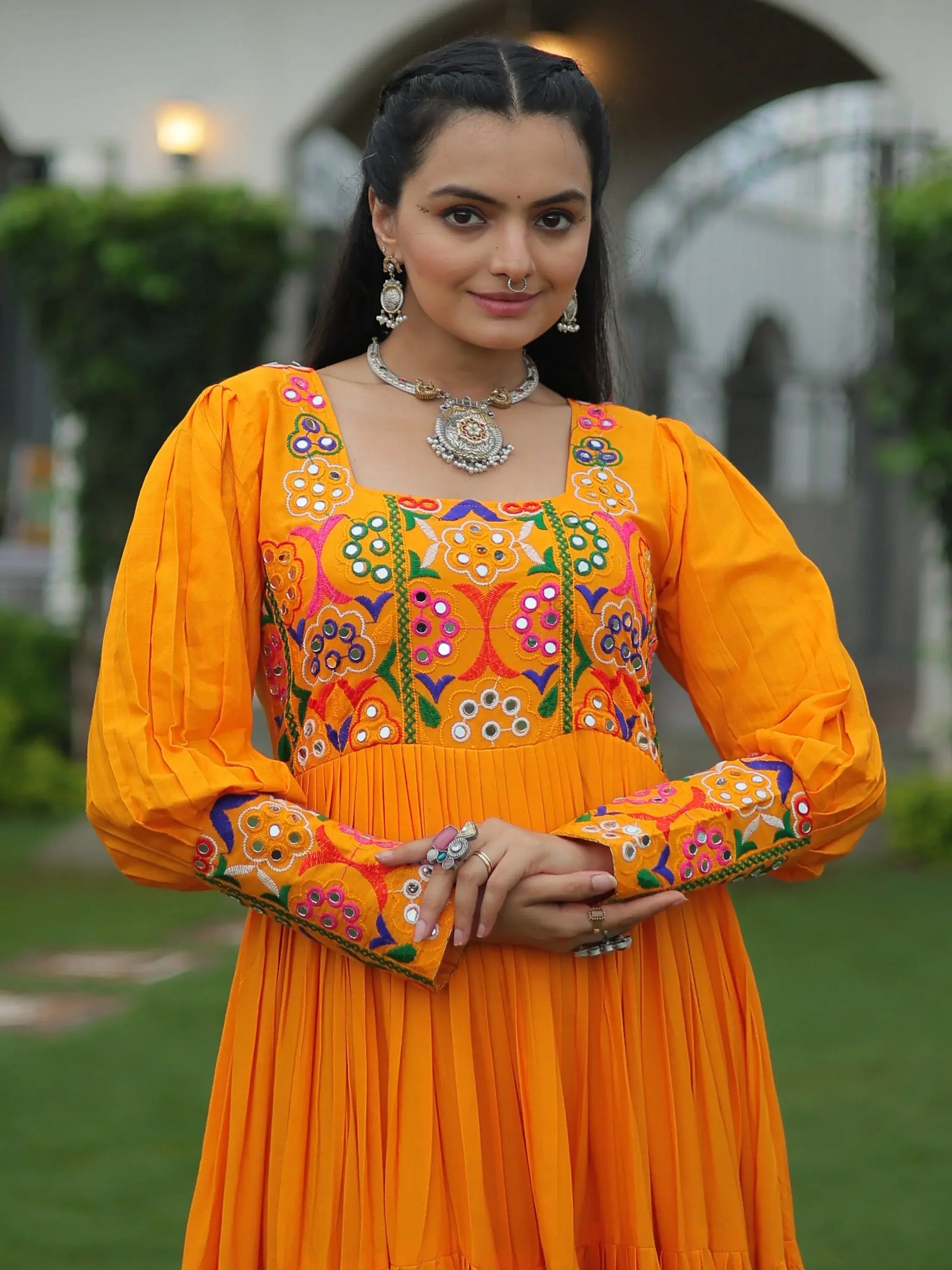 Bewitching Mustard Yellow Gamthi Work Rayon Navratri Wear Gown - Zeel Clothing