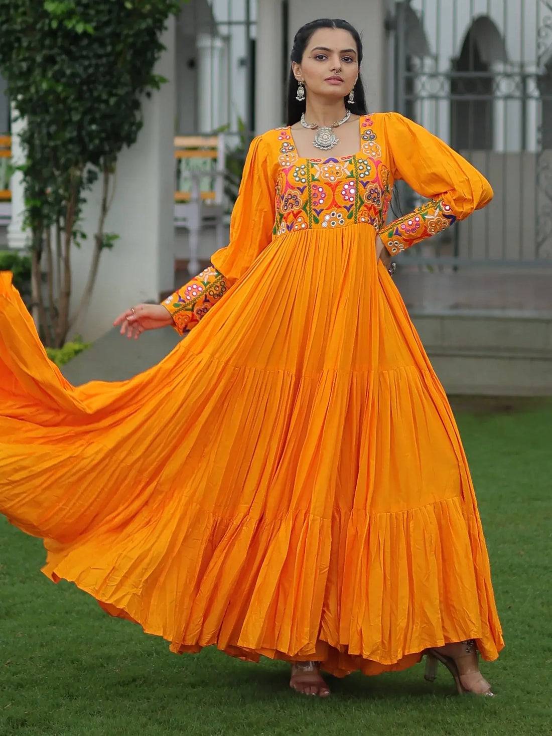 Bewitching Mustard Yellow Gamthi Work Rayon Navratri Wear Gown - Zeel Clothing