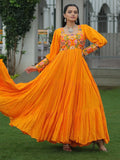 Bewitching Mustard Yellow Gamthi Work Rayon Navratri Wear Gown - Zeel Clothing