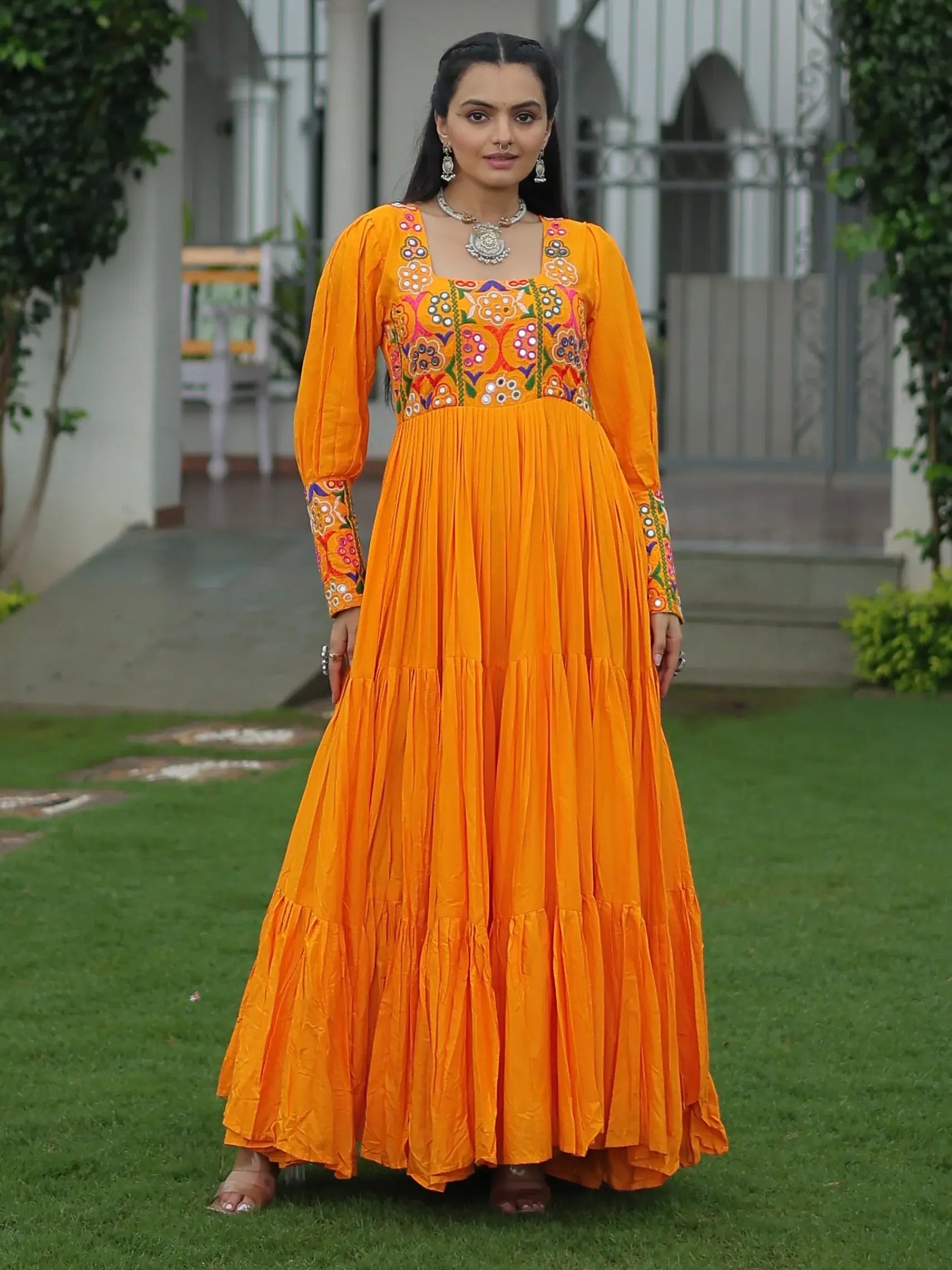 Bewitching Mustard Yellow Gamthi Work Rayon Navratri Wear Gown - Zeel Clothing