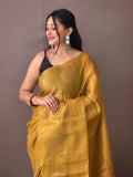 Bewitching Mustard Yellow Zari Weaving Tissue Silk Saree With Blouse - Zeel Clothing