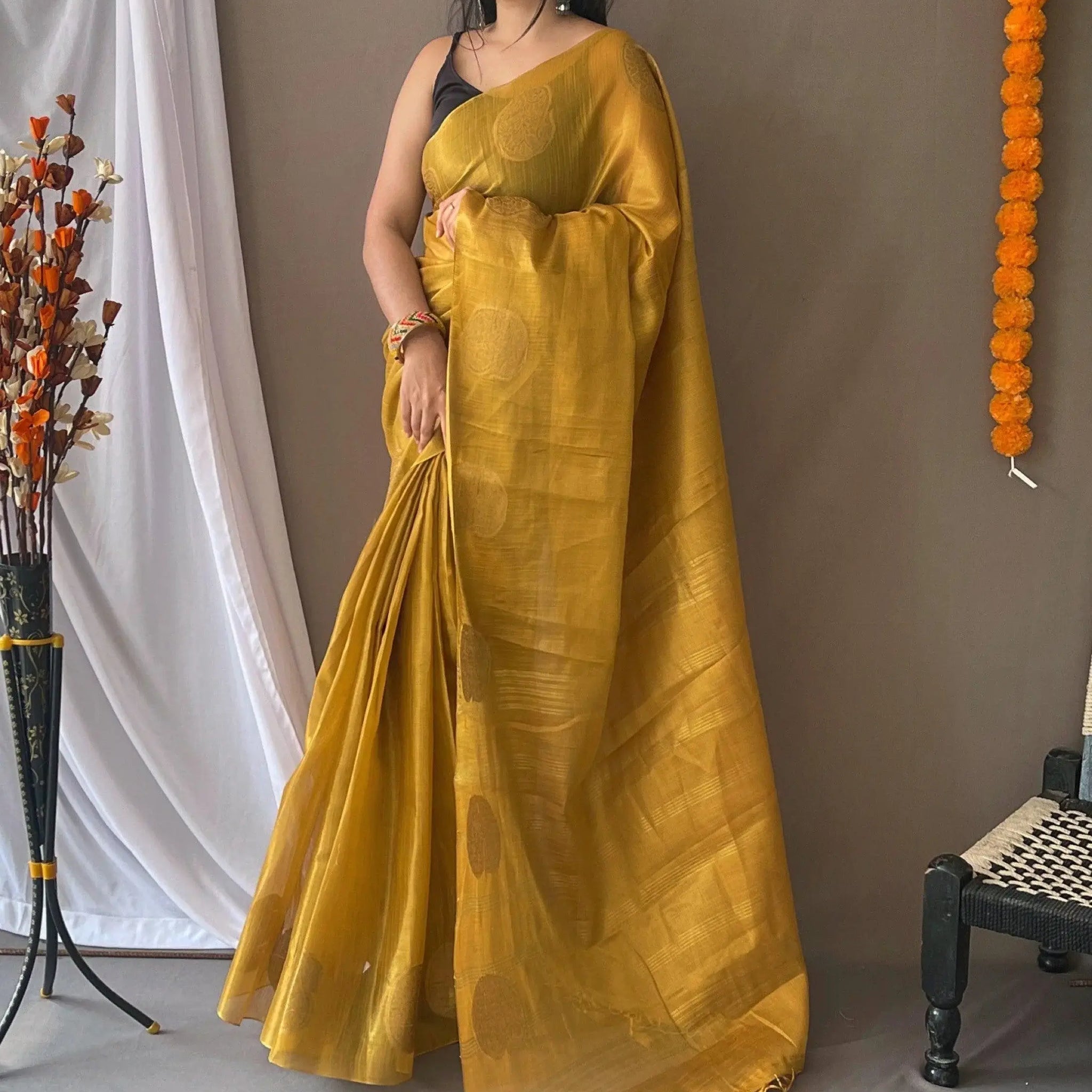 Bewitching Mustard Yellow Zari Weaving Tissue Silk Saree With Blouse - Zeel Clothing