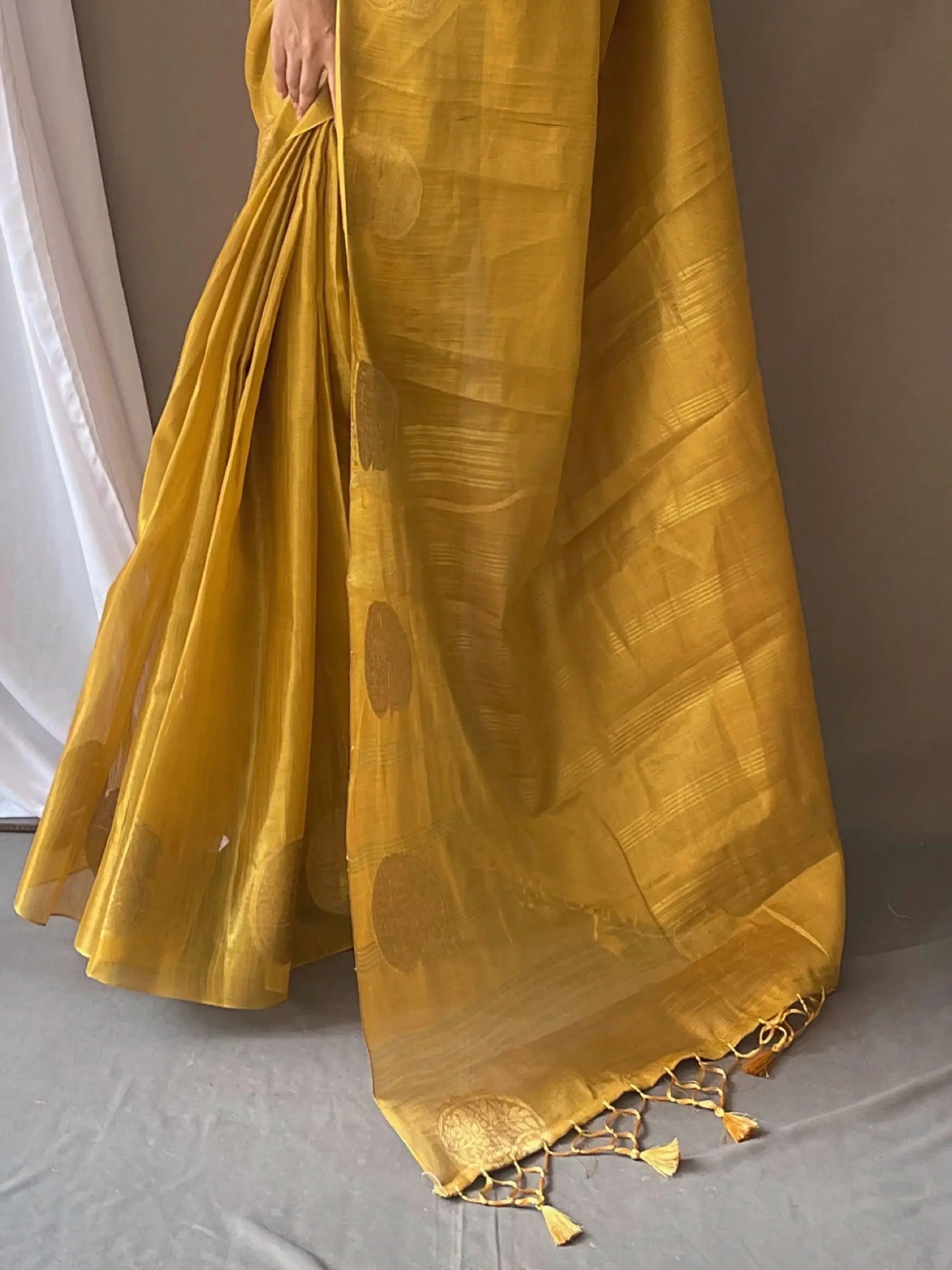 Bewitching Mustard Yellow Zari Weaving Tissue Silk Saree With Blouse - Zeel Clothing